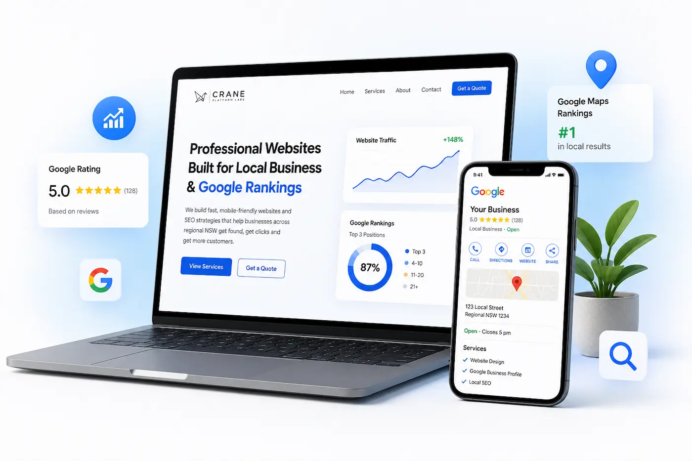 SEO analytics and website design showcase by Crane Platform Labs